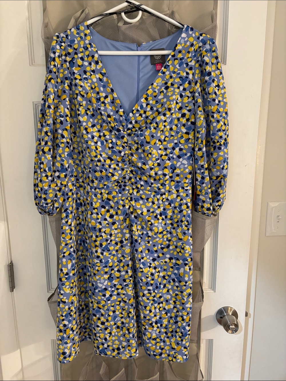 Blue & Yellow Print V-Neck Women's Dress